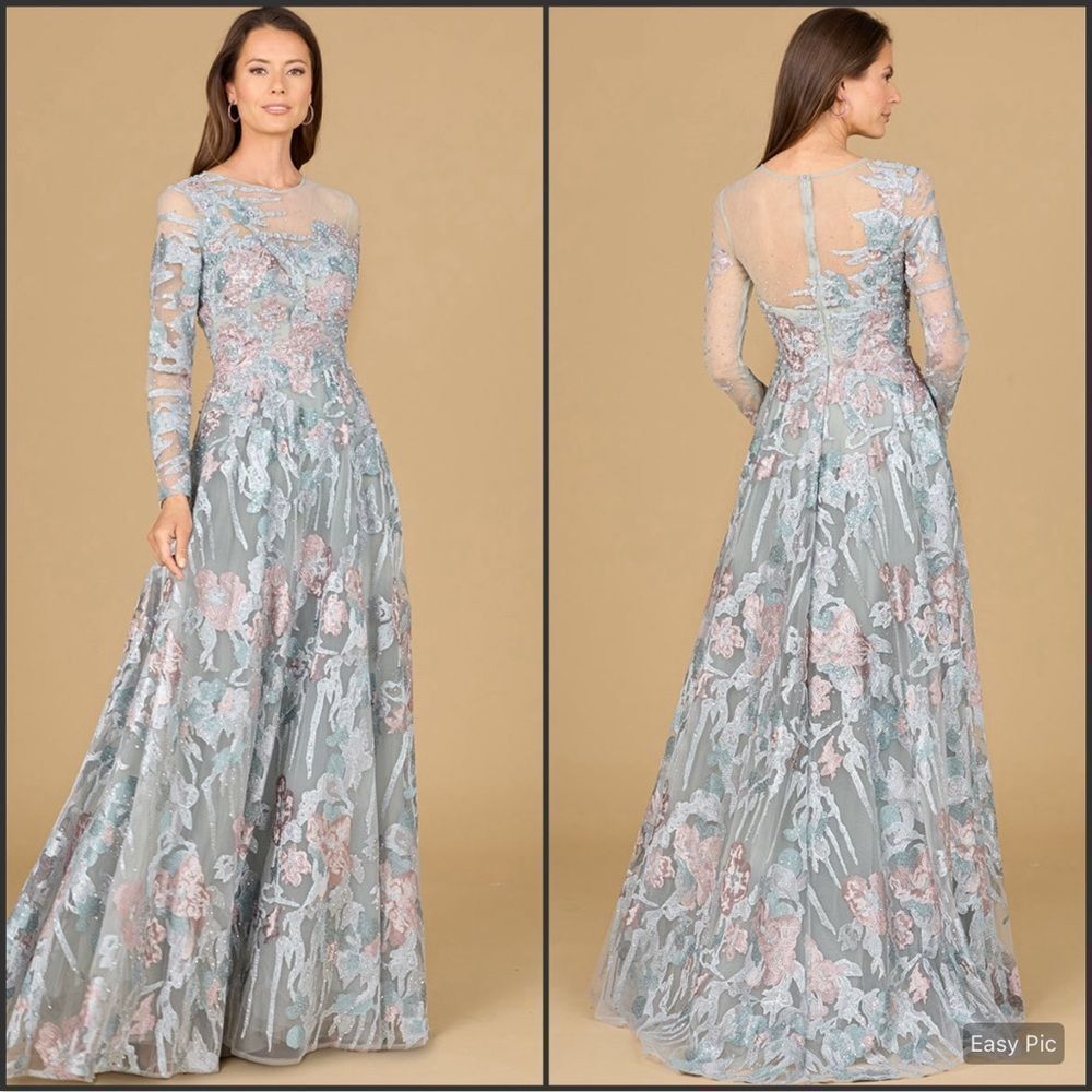 NWT LARA Illusion Neck Long Sleeve Ballgown Dress Gown Slate Size 10